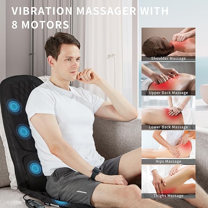 comrelax Back Massager with Heat, Massage Seat Cushion with 3D Lumbar Support, 8 Vibrating Motors Massager Chair Pad for Full Body Pain Relief, Ideal Gift for Christmas/Lover/Parents/Friends