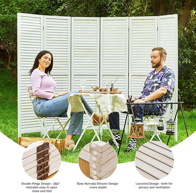 Room Dividers and Folding Privacy Screens, Wood Louvered Separators Divider Wall for Home Office Bedroom - 6 Panels, 67 * 90inch (White-Washed)
