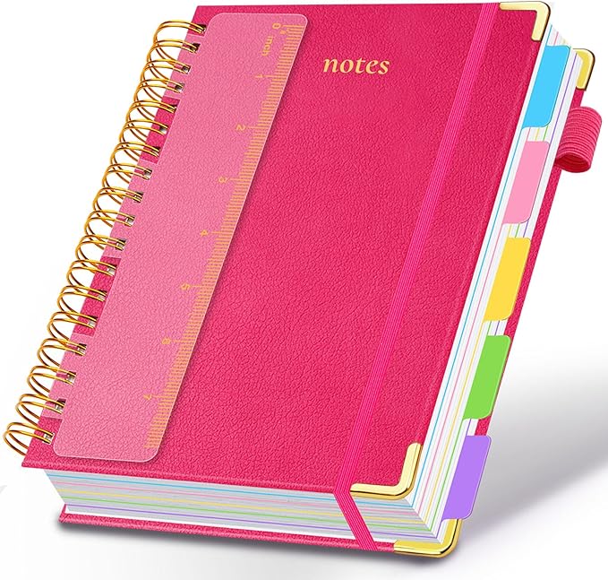 Hardcover Spiral Notebook 6.2"x 8.2" Journal Notebook with Tabs and Removable Dividers 300 Pages 5 Subject Notebook College Ruled, Faux Leather Spiral Bound Notebook for Women School Work(Rose Red)
