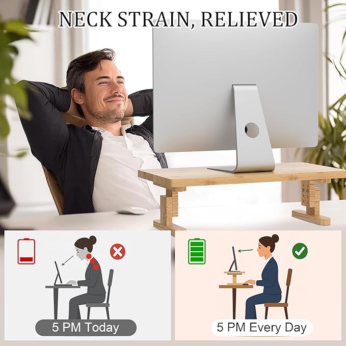 Qecamy Bamboo Monitor Stand Riser for Desk, Height Adjustable Computer Riser & Laptop Stand, Ergonomic Desktop Organizer Shelf W/ Underneath Storage, Sturdy 100 lbs Capacity for Printer/TV/Home Office