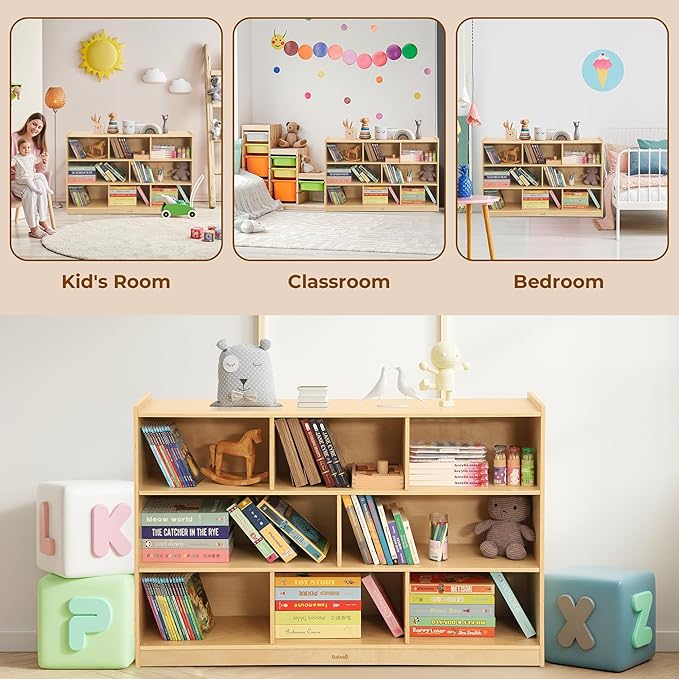 Bateso Toy Storage Organizer for Kids Room, Wooden Kids Bookshelf for Classroom, Cube Storage Organizer for Playroom, 8-Section Montessori Bookshelf & Toy Shelf for Nursery