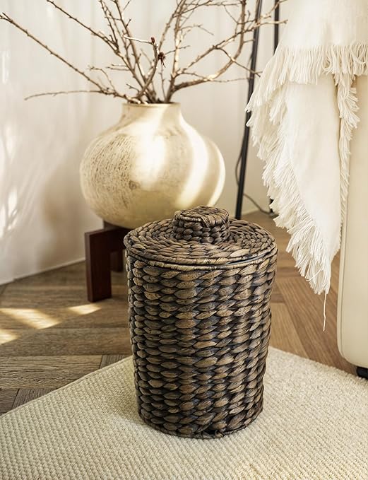 Tidita 2 Gallons Wicker Waste Basket - Water Hyacinth Bathroom Trash Can - Garbage Can with Lid Boho Style - Wicker Trash Can with Lid for Bedroom, Kitchen - Removable Liner, Handwoven (Black Color)
