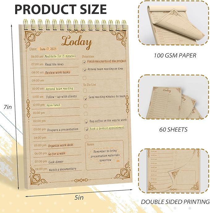 Tlenpo Daily To Do List Notebook 60 Sheets Vintage kraft paper, 5.1 x 7 In, Calendar and Organizer, Spiral Daily Planner Notebook for Office Note and Todo Organization, Retro Yellow