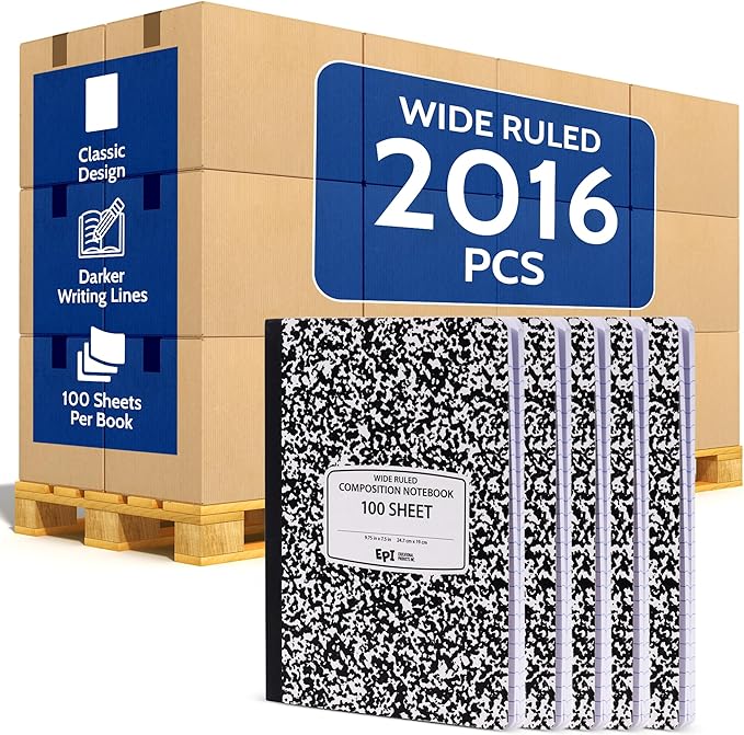 EPI 2016 Pack (Pallet) Wide Ruled Composition Notebook Bulk, 200 pages (100 Sheets), 9-3/4 x 7-1/2, Black Marble, Bulk School Supplies, Heavy Duty, Durable Office Notebooks, Sturdy Sewn Binding