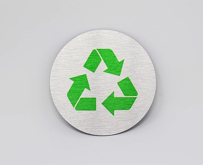 Metal Recycle Signs | Recycle Bin Marker | Metal Sign for Recycling Basket | 3" Round, Brushed Silver Aluminum with Green Recycle Symbol | Made in the USA