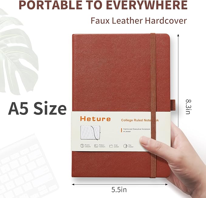 Heture Hardcover Notebooks, A5 Lined Journals Notebook for Writing 160 Pages, 8.2 x 5.5 inch, Classic Ruled Notebooks for College/Work/Travel(Brown 1 Pack)