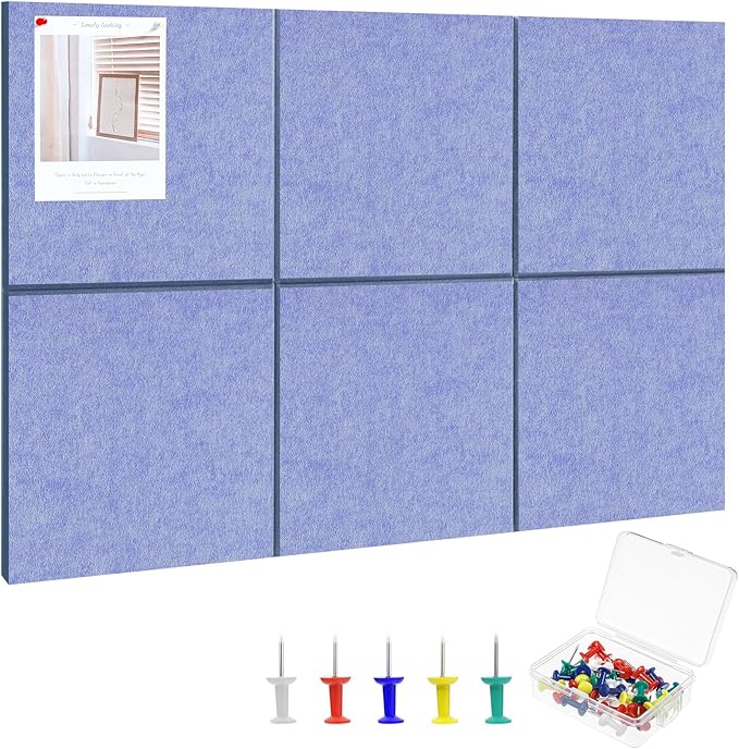 Large Cork Board 36" x 24", 6 Pack Felt Wall Tiles with Colored Pushpins, Bulletin Board with Removable Self-Adhesive Strips, Pin Board Cork Boards for Walls Office Home-Gray Blue