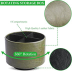 Hennaja Round Leather Art Supply Organizer,Remote Control Holder,360 Degree Spinning,Multi-Functional Pencil Holder,4 Compartments Desktop Stationary Organizer(1-Oil Green)