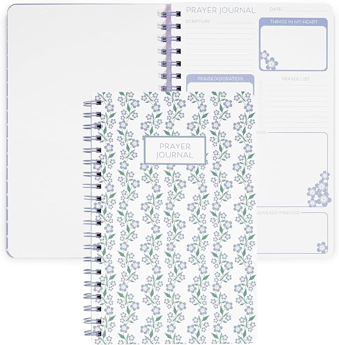 Steel Mill & Co Cute Floral Spiral Notebook Journal for Notes, 10.5" x 7.5" Prayer Journal and Church Notes Journal for Women with Durable Hardcover and 60 Lined Pages with Prompts (Blue Floral)