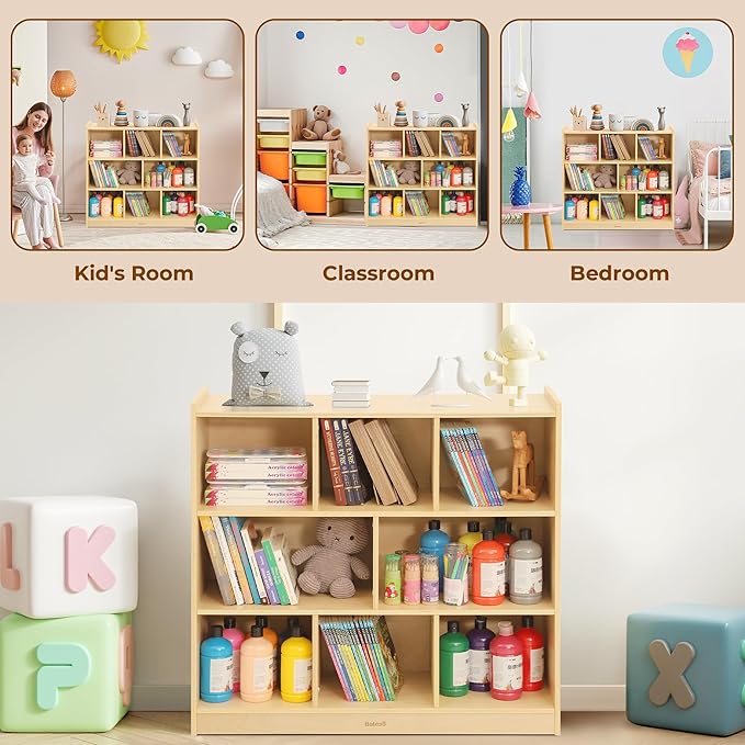 Bateso Toy Storage Organizer for Kids Room, Wooden Kids Bookshelf for Classroom, Cube Storage Organizer for Playroom, 8-Section Montessori Bookshelf & Toy Shelf for Nursery