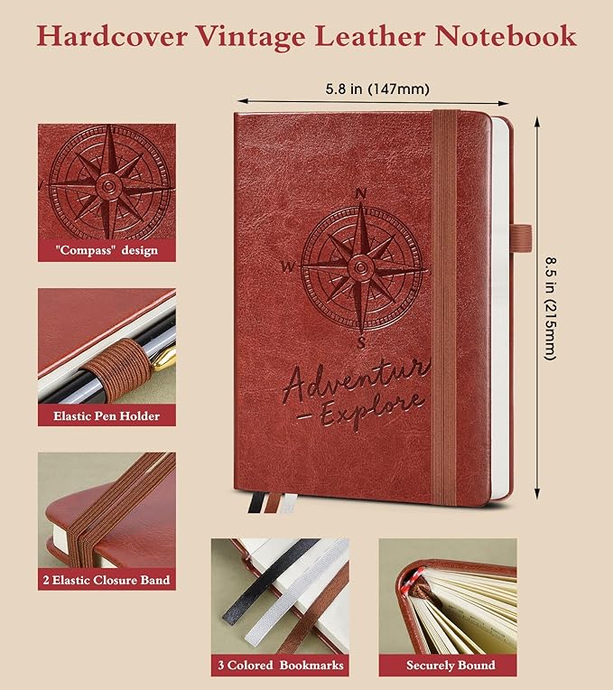 PAIBAS Graph Notebook for Women Men, 160 Pages Grid Paper, Graphing Notebooks for School, Work, Quad Ruled, Inner Pocket, A5 Hardcover Vintage Leather Journals for Writing, 5.8"x8.5" (Brown)
