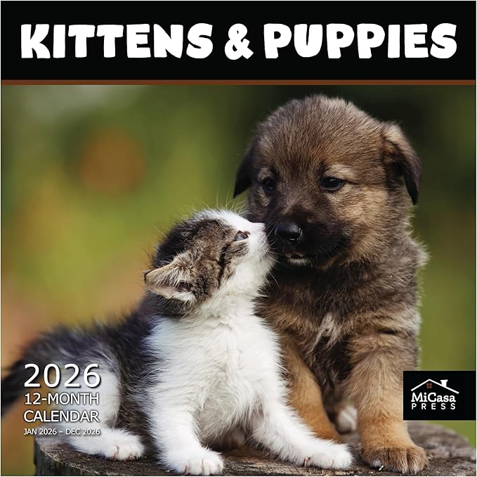 MICASA PRESS Kittens & Puppies | 2026 Wall Calendar 12 Month | 12” x 24” Open | Thick & Sturdy Paper | Holiday Gift | Cute Pet Kitten Puppy Dog Cat Calendar 2026