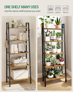 Hzuaneri Ladder Shelf, Bookshelf Bookcase, Freestanding Corner Storage Shelve with 2 Hooks for Home Office, Living Room, Kitchen, Bedroom, Industrial, 11.8" D x 23.6" W x 63" H, Rustic Brown BC19301B