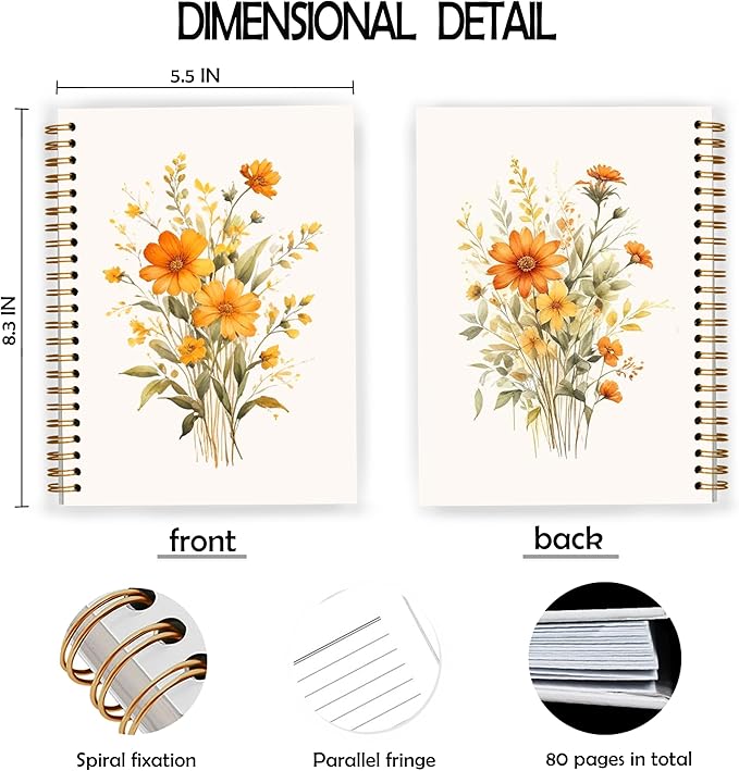 JWVK Rustic Orange Floral Spiral Notebook, Cottagecore Wild Flower Botanical Notebooks for Note Taking, Wildflowers Bouquet Journal for Women, 5.5x8.3 Inch