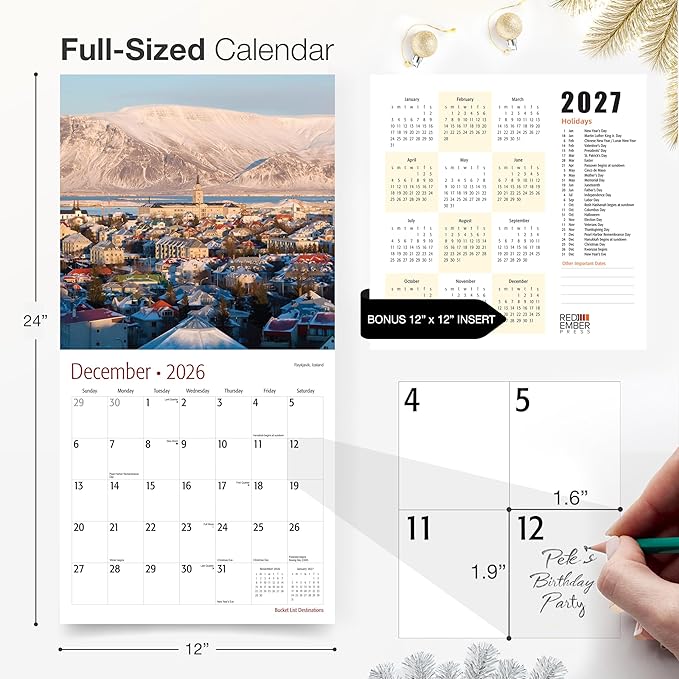 RED EMBER Bucket List Destinations 2026 Wall Calendar 12 Month | 12" x 24" Open | Thick & Sturdy Paper | Holiday Gift | World Travel Calendar 2026