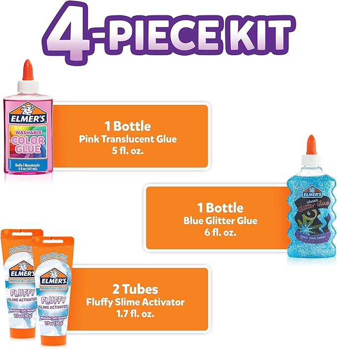 Elmer’s Fluffy Slime Kit, Includes Translucent Color Glue, Glitter Glue, Fluffy Slime Activator, 4 Count - Perfect for Birthday Parties, Gift Idea, Kids Activity