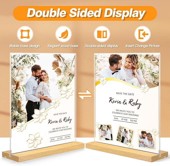 8.5 x 11 Acrylic Sign Holder with Wood Base - Tabletop Display Menu Stand - Clear Plastic L/T Shape Vertical or Slant Back Paper Holders - 6 pack