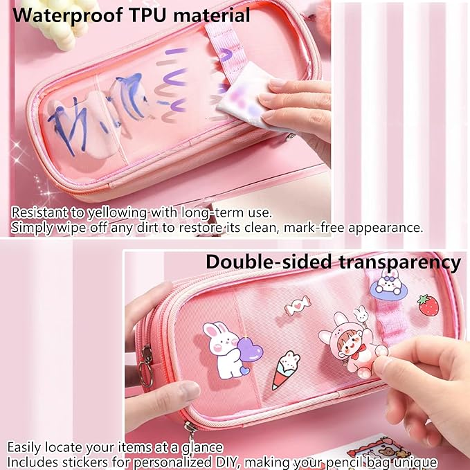 UINSUE Cute Pen case Adorable Bunny Transparent 3-Layer Large Capacity Pencil Case Gadget organizer with Lovely Stickers (Purple-Doggy)