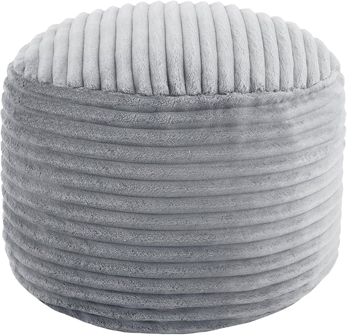 MeMoreCool Stuffed Round Pouf Ottoman Foot Rest, Soft Plush Floor Pouf Foot Stool, Corduray Footstool Footrest, Small Round Ottoman for Living Room Couch Sofa Chair, 20x15 Inch Grey