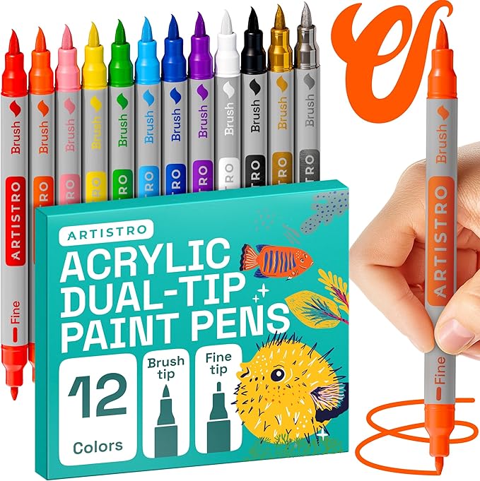 ARTISTRO 12 Acrylic Paint Markers - Paint Pens Dual Tip Brush + Fine Ideal for Calligraphy - Perfect for Fabric, Rock, Glass, Wood, DIY - Art Supplies, Stocking Stuffers, Christmas Gift Idea
