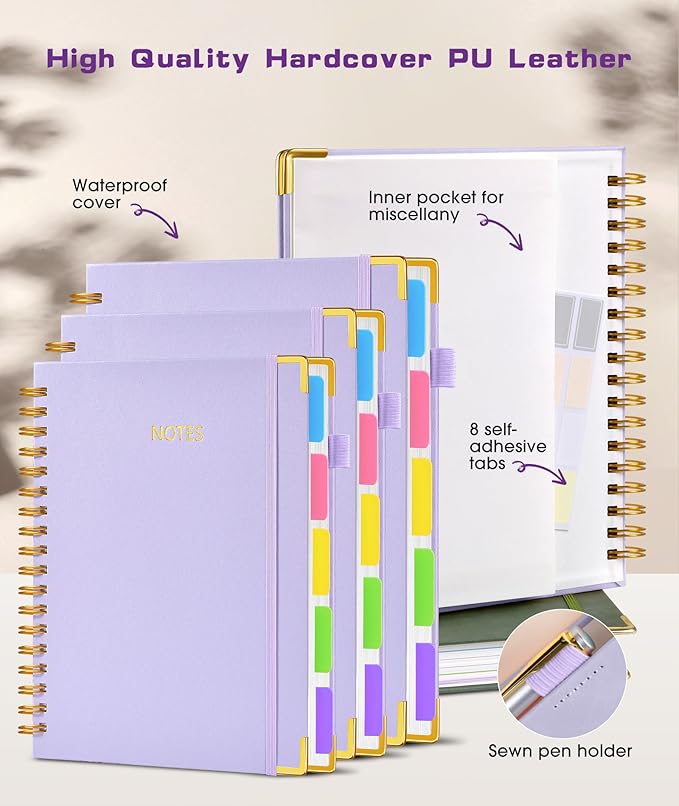 Hardcover Spiral Notebook 8.5"x11" Journal with Removable Dividers Tabs, 300 Pages Leather 5 Subject Notebook College Ruled, Large A4 Notebooks for Work School, Lined Journal for Women, A4 Purple
