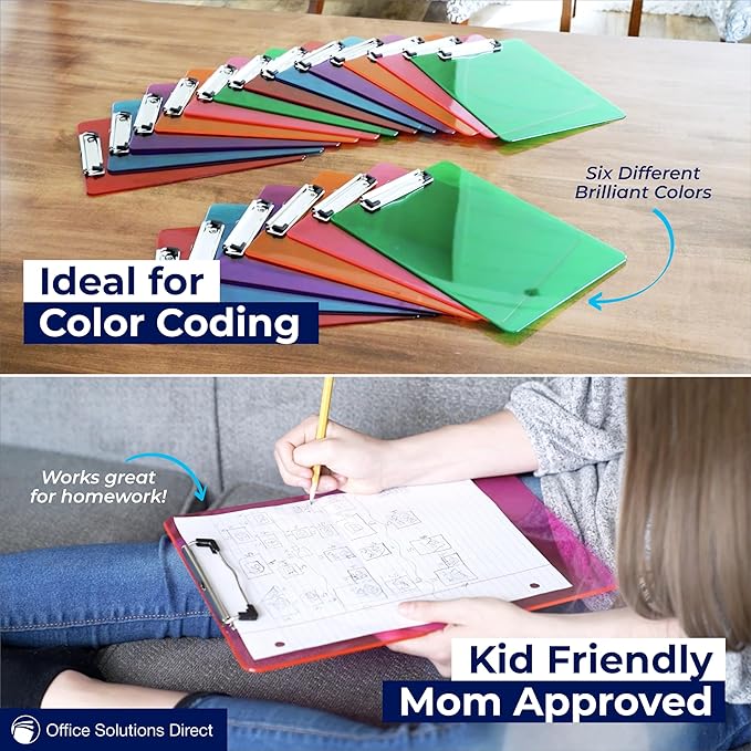 Plastic Clipboards with Low Profile Clip (Set of 12) - 12.5 x 9 Inch Multi Color, Holds 100 Sheets