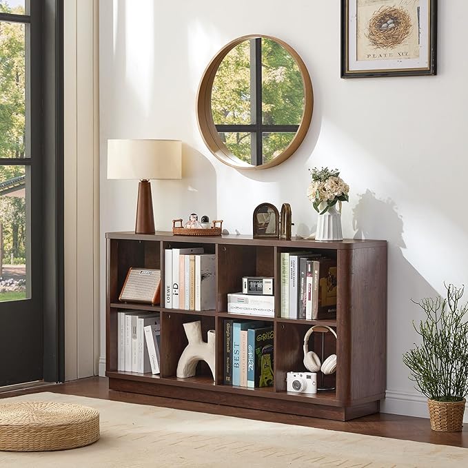 Joaxswe 8 Cube Bookcase, 52" Long Horizontal Book Shelf w/Curved Edge, Floor Standing 2-Tier Cubby TV Stand Bookshelf with Wooden Base, Farmhouse Low Storage Cabinet for Living Room, Office, Walnut