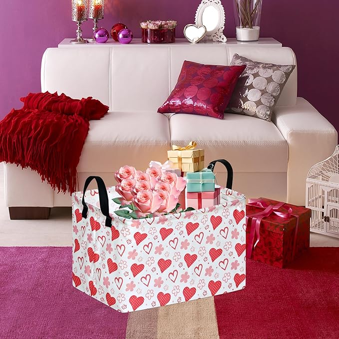 FUULOXE Rectangular Valentines Basket Storage Bin for Shelves Girls Gifts Baskets Foldable Box with Handles for Home Office Car Dormroom Valentine's Day Party Supplies