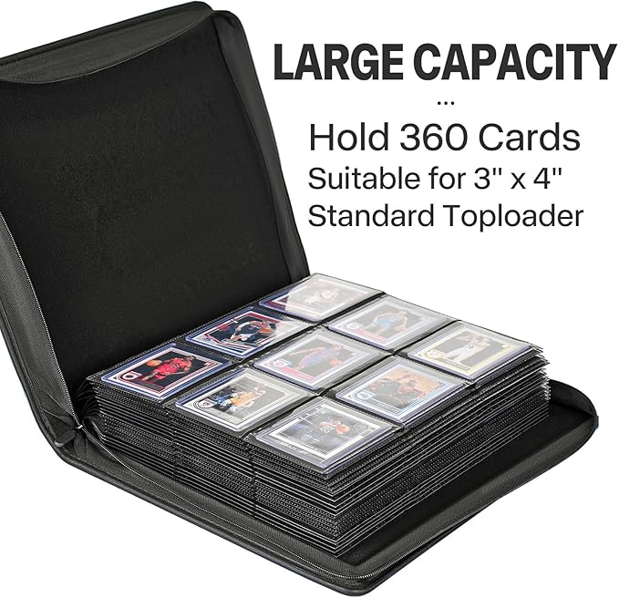 Sibonic 9 Pocket TopLoader Binder, Holds 360 3”x4” Toploader Hard Cases, Sleeves Card Collection Binder, 20 Double Sided Pages, Compatible with Trading & Sports Holder - Black