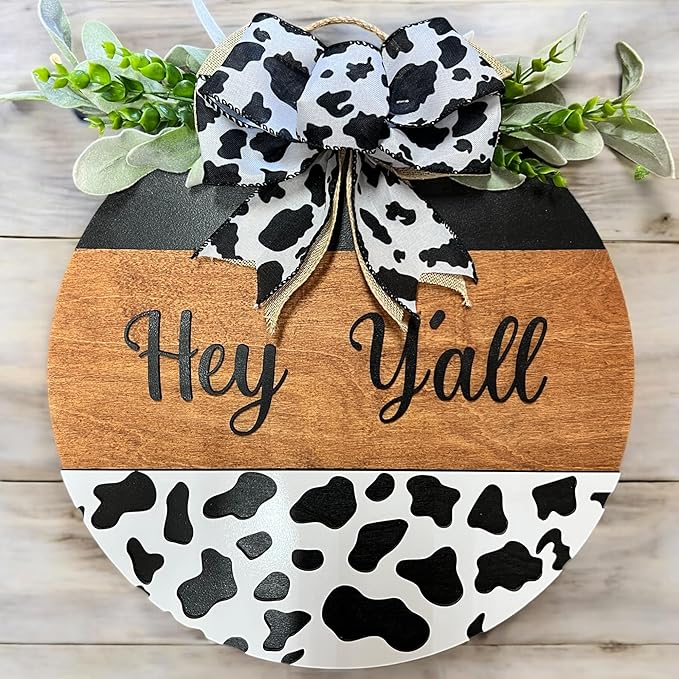 Wood front door sign Wood sign Home decor Welcome sign Sign for front door House warming gift Wedding gift (Hey Yall Cow-DS082(A10) S003, 18" Width)