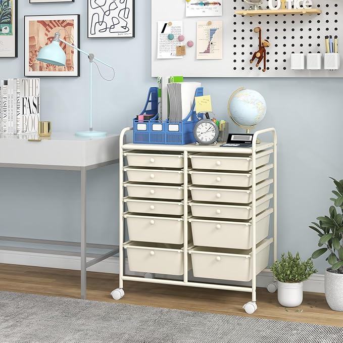 Giantex 12 Drawers Rolling Storage Cart, Classroom Organizers with Wheels for Tools Scrapbook Craft Paper Teacher Office School Supplies (Ivory)
