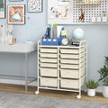 Happygrill 12-Drawer Rolling Storage Cart, Multipurpose Storage Cart W/Lockable Wheels, 2 Sizes Plastic Drawers & Metal Shelf, Mobile Utility Cart for Home Office School (Ivory)