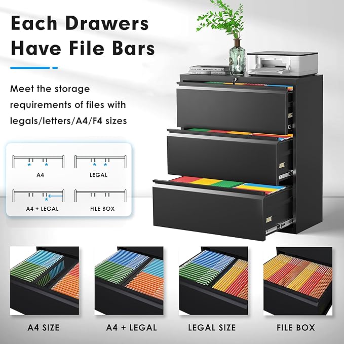 Pataku Metal Lateral File Cabinet with Lock, Steel Lateral Filing Cabinet 3 Drawer, Locking Office Home Wide Organization File Cabinet for Hanging Files Letter/Legal/F4/A4 Size(3Drawer/Black)