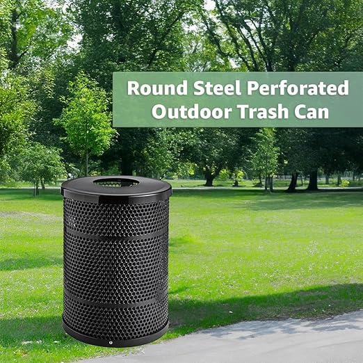 Zedfire 32 Gallon Perforated Waste Bin with Flat Lid, Steel Outdoor Heavy-Duty Commercial Trash Can, Round Recycle Container, Durable Garbage Can for Parks, Municipalities, Parking, Schools