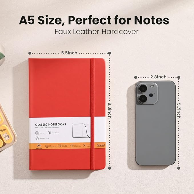 Hompower Lined Notebook Journals for Writing 5.5 x 8.2 inches, 160 Pages A5 Size with Expandable Pocket, Hardcover Notebooks for Work, 100GSM Paper (Assorted 8 Colors)