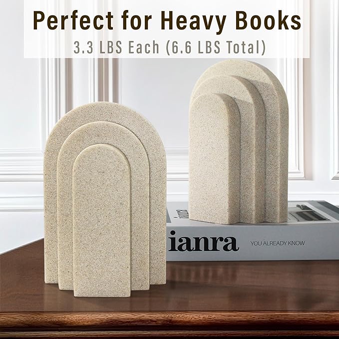 LIN CHUAN Heavy Duty Bookends for Shelves, 6.6 LBS Heavy Book Ends for Heavy Books, Decorative Modern Bookends with Faux Sandstone Look, Layered Arch Book Stopper for Bookshelf Holder Set of 2, Beige