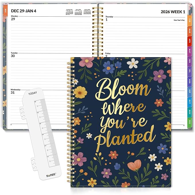 SUNEE 2026 Weekly and Monthly Planner - from January 2026 - December 2026, Daily Agenda Planner with Monthly Tab, Flexible Cover, Note Pages, Pockets, Bookmark, Spiral Binding, Navy Flower, 8.5"x11"