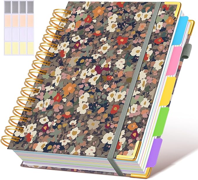 Hardcover Spiral Notebook journal with Removable Dividers Tabs, 300 Pages Leather 5 Subject Notebook College Ruled, 100GMS Notebooks for Work School Note taking,Lined Journal for Women,A5-Flower
