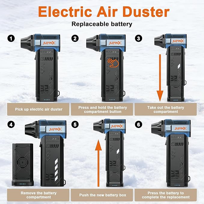 JUFINX Air Duster -250000RPM- Snow Blower, Replaceable Batteries 2pcs,Long Life-mini Blower, 3-Gear Adjustable- Electeic Air Duster for Keyboard,PCs,Outdoors,Snow,Leaves,Car Cleaning (2*Batteries)