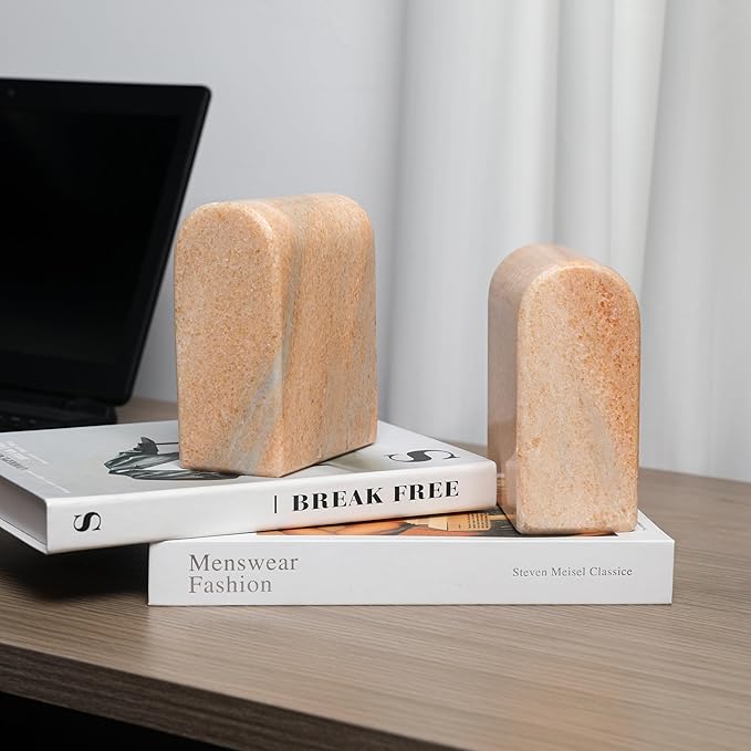 Faticdorr Luxury Marble Bookends for Shelves, 13LB Heavy Duty Marble Book Ends for Heavy Books, Stone Bookends Decorative, Polished, Orange Arch, Set of 2