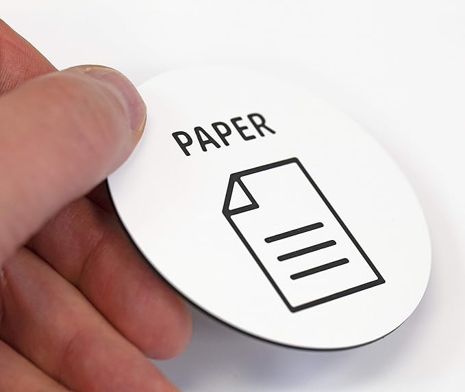 Round 3” Paper Recycling Sign | White Acrylic Sign - Laser Engraved Black Text & Paper Symbol | Signs for Recycling & Document Bin | Office & Home Waste Management