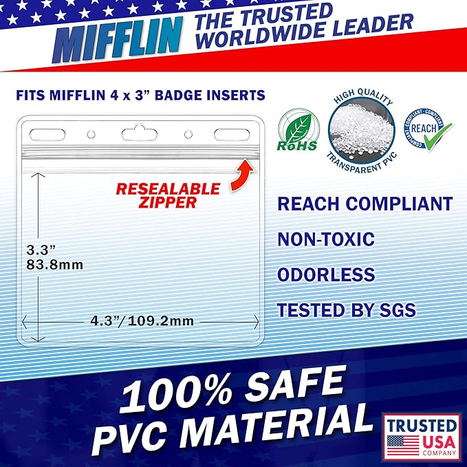 Mifflin-USA Horizontal Card Protector with Metal Clip and Vinyl Straps (Clear, 4x3 Inch, 100 Pack), Waterproof PVC ID Name Badge Holder with Clip