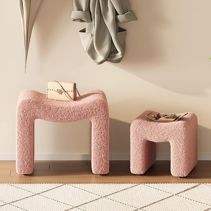 ZYKZYK Ottoman Set of 2, Plush Velvet Vanity Seats with Modern Foot Rest, Backless Stool Pair for Bedroom, Living Room & Makeup Dressing Table (2-in-1) Pink