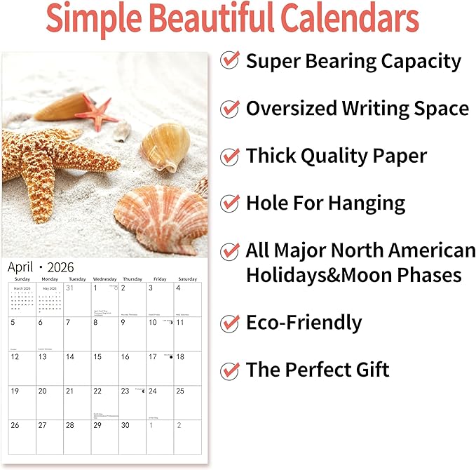 2026 Wall Calendar,Calendar 2026, November 2025 - December 2026, Wall Calendar Seashells, 12" x 24" Opened,Full Page Months Thick & Sturdy Paper for Calendar Organizing & Planning