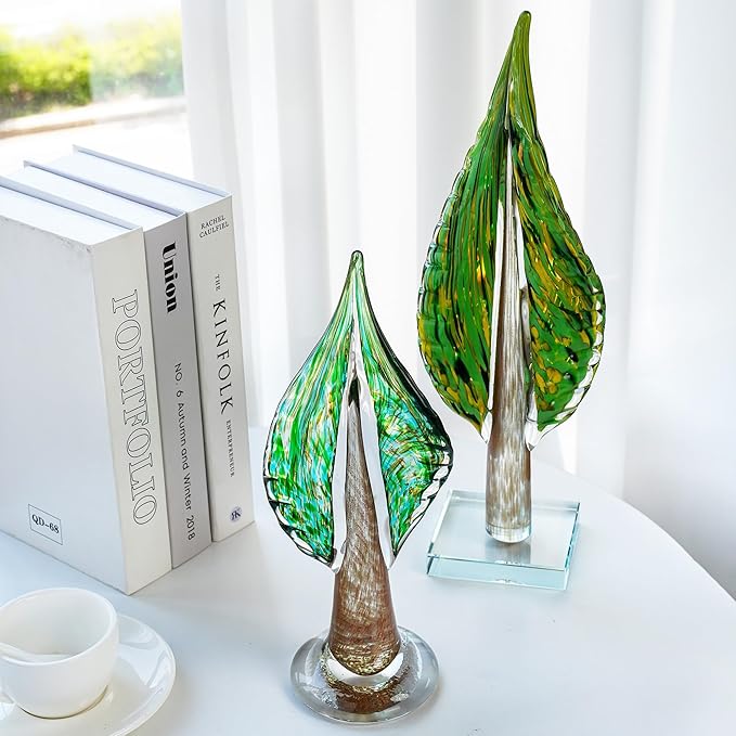 QFkris Blown Glass Tree of Life Leaf Sculpture for Home Decor, 16inch Hand Blown Glass Art Decorative Statue for Book Shelf Living Room Office Desk Home Decoration Accents Collectible Figurines