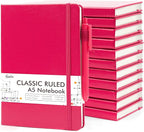 feela 12 Pack Notebooks Journals Bulk, Hardcover Notebook Classic Ruled Lined Journals with Pen Holder for Women Girls School Business Supplies, with 12 Black Pens, 120 GSM, 5.1”x8.3”, A5, Berry