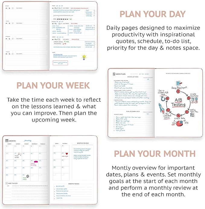 Wyze Planner Undated Daily Planner – 1-Year B5 Productivity Organizer with Two-Page Weekly Spread, Goal Setting, Habit Tracker, Weekly & Monthly Pages – Hardcover Time Management Notebook (Rose Gold)