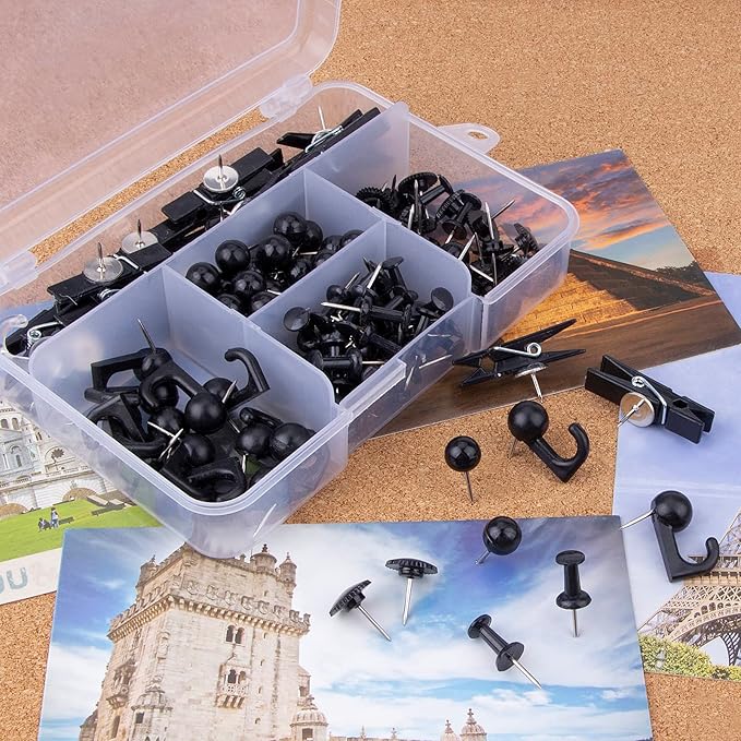 Black Push Pins Set, 5 Styles 140-count Thumb Tacks Map Pins, Steel Point and Dark Plastic Head Pushpins Black Thumbtacks for Cork Board Bulletin Boards (Black-140pcs)