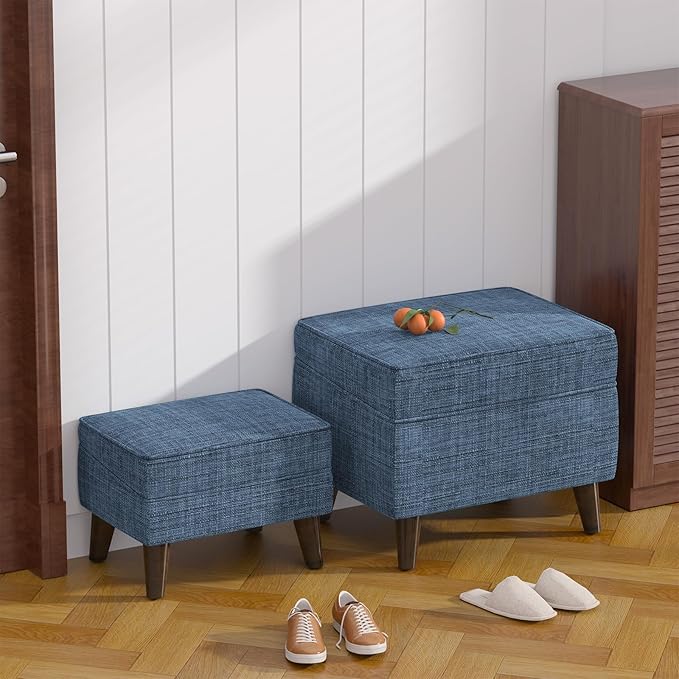 FAGAGA Storage Ottomans with Adjustable Cover, BOGO, Soft Step Stool, Footrest and Seat, Ottoman Foot Rest Set for Living Room, Bedroom, Dorm, Blue