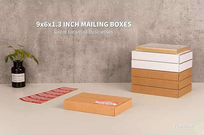 YUSHYIJIE 9x6x1.3 inch Small Shipping Boxes, Multi-Depth Flat Cardboard Boxes with Fragile Stickers for DVD Shipping, Packing, Moving, Storage, Brown, 25 Pack